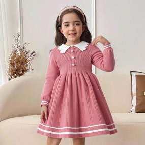 Contrast Color Collar Form Fitting Casual Sweater Dress For Young Girls,In Fall Winter