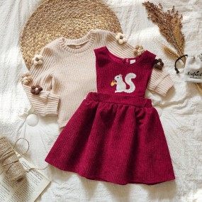 SHEIN Vintaside Kids Baby GirlCute Embroidered Squirrel Pattern Long Sleeve Dress, Pinafore Dress Outfit, Adorable & Sweet, Suitable For Various Occasions, Autumn/Winter