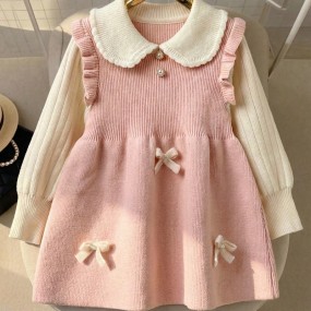SHEIN Young Girl Oversized Casual & Comfortable Contrast Color Ruffle Collar Bow Decor Knitted Sweater Dress,In Fall Winter