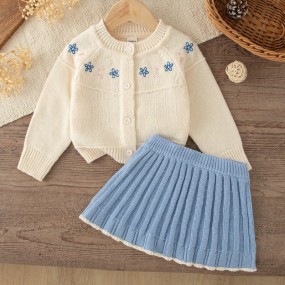 SHEIN Toddler Girls' Round Neck Knitted Flared Dress Set, Cute & Sweet Baby Set