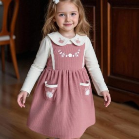 Vintaside Kids Autumn Girls Vintage Floral Embroidery Collared Long Sleeve Top And Apricot Embroidered Pinafore Dress Set, Autumn Winter Color Scheme, Suitable For Daily Casual Wear